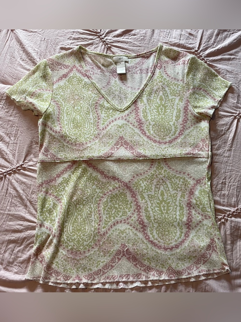 J. Jill Short Sleeve Feminine & Flowy V-Neck Top - Pink & Light Green Paisley